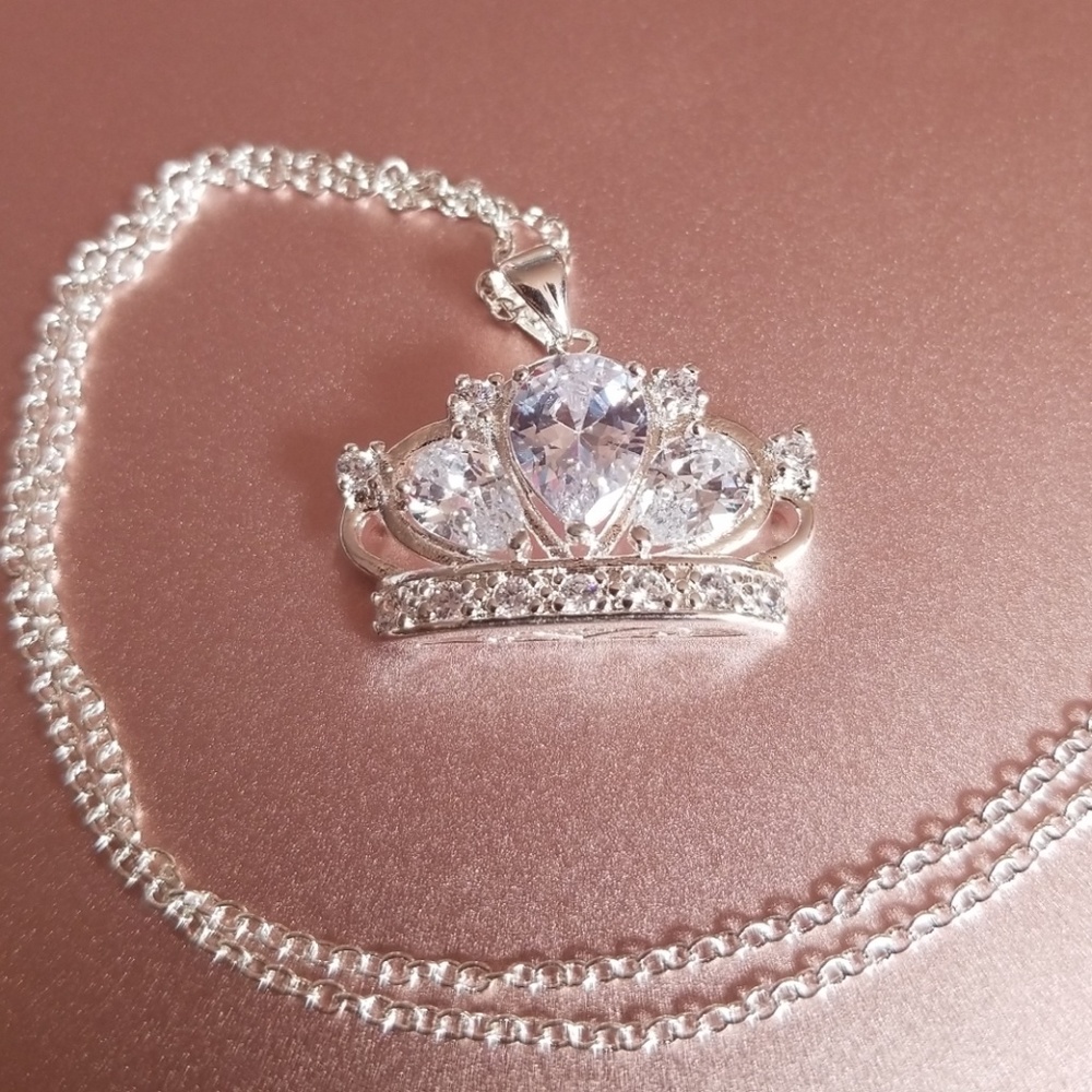 Royal Crown Silver & Crystal Pendant w/ Necklace